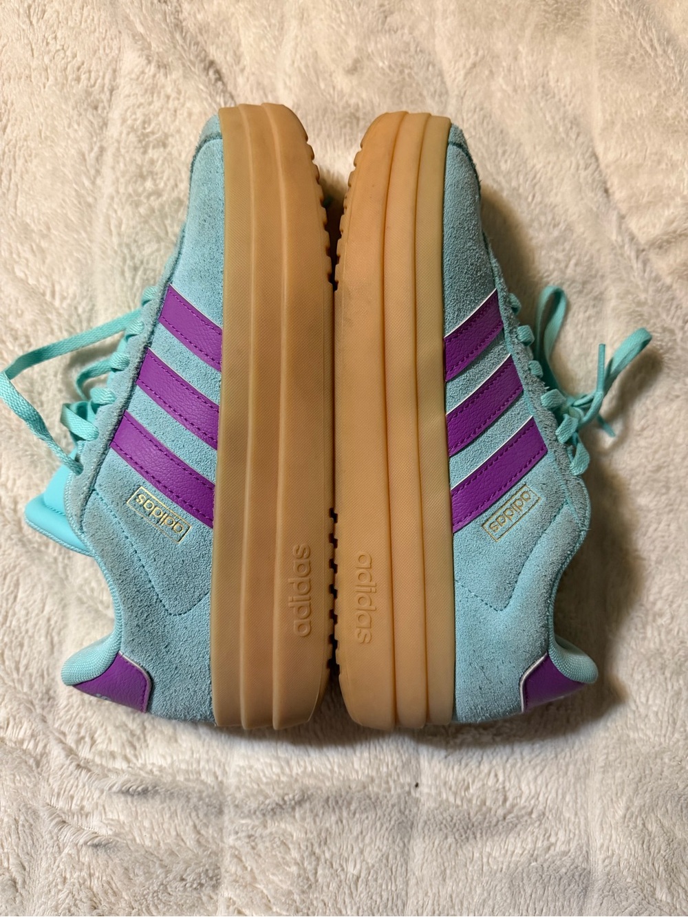 adidas Kids Suede Sneakers in Aqua with Purple Stripes and Gum Sole